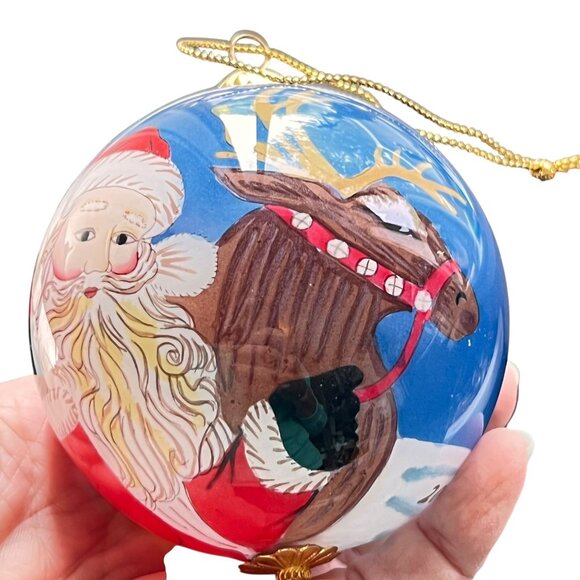Vtg 2001 Li Bien Reverse Painted Glass Ornament Santa Reindeer Gifts Velvet Box - Picture 3 of 13